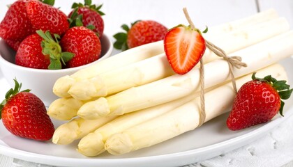 Asparagus and strawberries on a plate.