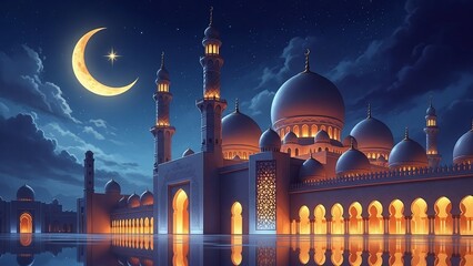 Stunning mosque reflecting in calm water under crescent moon perfect for spiritual reflection and cultural appreciation in travel promotions
