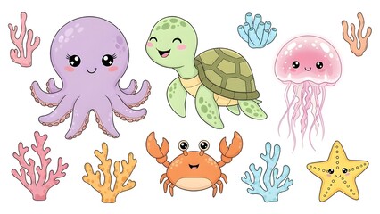 Fototapeta premium Cute sea animals illustration set featuring octopus, turtle, jellyfish, crab, and starfish. Perfect for kids design, stickers, nursery art, educational content, and ocean themes.