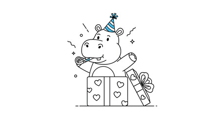 Cute cartoon hippo wearing a party hat, blowing a party horn, and joyfully emerging from an open gift box with hearts.