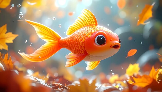 Animated goldfish swims in autumn leaves.