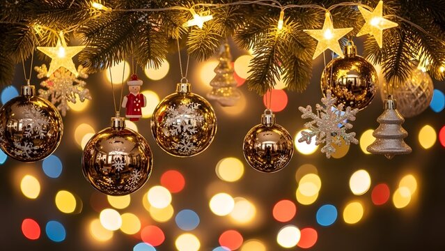 Close-up of shiny gold Christmas ornaments, snowflakes, and glowing star lights creating a warm and magical festive atmosphere