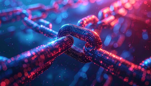 Digital chain links connected with glowing effect.
