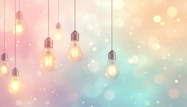 幻想的な光のボケと吊り下げられた電球：パステルカラーの背景