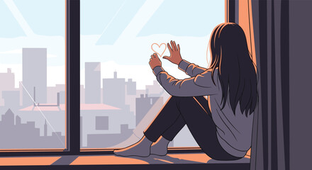 A contemplative young woman draws a heart on a window pane, gazing at the distant city during a warm sunrise or sunset.