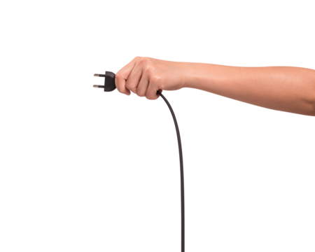 Close-up of a hand holding a black electric power cord plug isolated on transparent PNG.