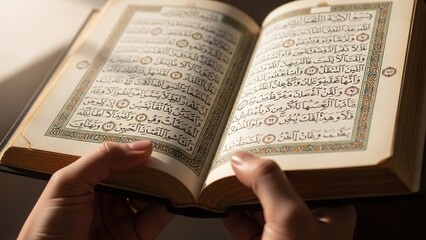 Fototapeta premium Person reading the Holy Quran, holding the sacred book, seeking spiritual guidance and blessings during Ramadan, with faith, peace and devotion