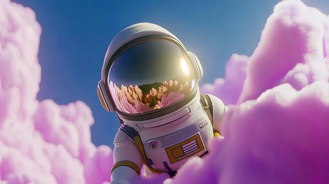 An astronaut floats through fluffy pink clouds against a blue sky. The astronaut's helmet reflects a landscape. - Powered by Adobe