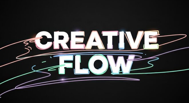 Stylized three dimensional typography highlights concepts of artistic motion against a dark background