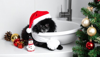 Dog in Santa hat in sink for Christmas.