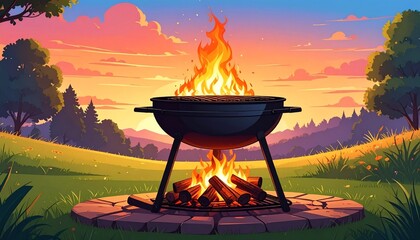 BBQ grill with fire at sunset.