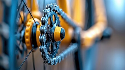 Close-up of a bicycle chain, sprocket, and wheel hub with a blurred background. The image has a blue and yellow color scheme, highlighting the mechanical detail