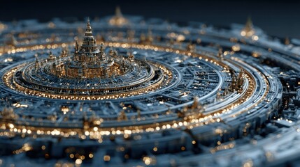 Futuristic city illustration with detailed design and circular arrangement no special characters