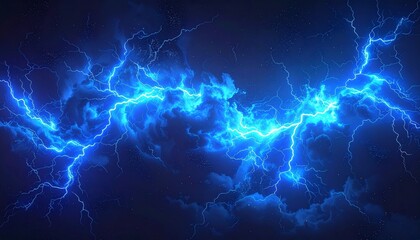 Electric blue lightning bolts in cloudy sky.