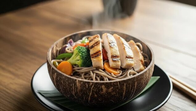 Steaming soba noodles with grilled chicken and vegetables in coconut bowl on wooden table.
