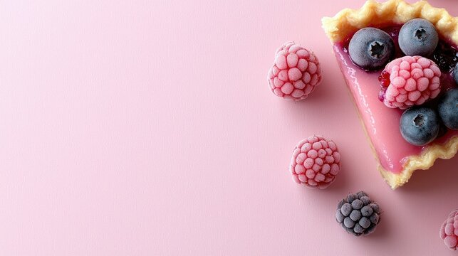 A slice of berry tart with blueberries and raspberries on a pink background. The dessert is a close-up shot, with a focus on the fresh ingredients and the vibra