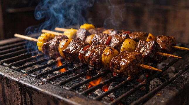 Preparation of Peruvian Anticuchos, beef heart skewers with grilled potatoes. Typical Peruvian cuisine