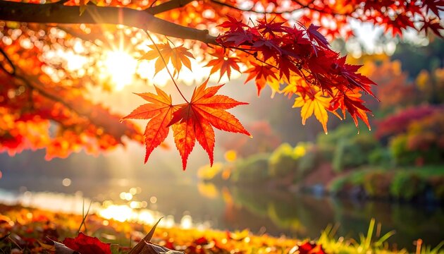 Sunny autumn scene featuring vibrant red maple leaves over serene water