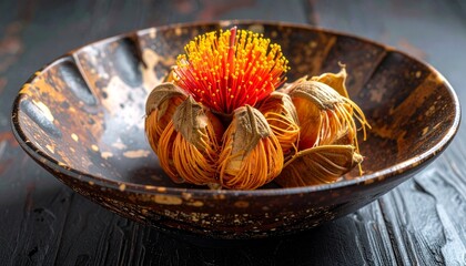 Exotic flower art arrangement in ceramic bowl.