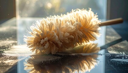 Feather duster cleaning with dust on reflective glass.