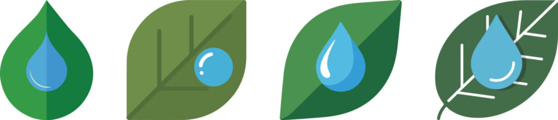Green leaves and blue water drops icons