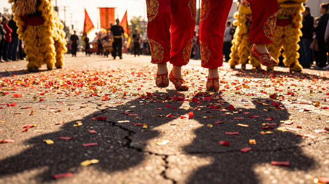 Dancers' feet jumping during Chinese New Year parade with lion's dance and confetti on the street