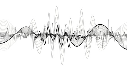 Dynamic sound wave visualization for music production, podcast audio editing, and digital signal processing analysis with modern black and white design