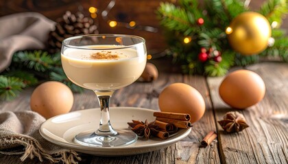 Festive glass filled with creamy drink, sprinkled with spice, surrounded by holiday d?cor
