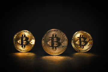 Three Gold Bitcoin Coins Standing Under Dramatic Lighting Row of Shiny Bitcoin Tokens on Dark Background