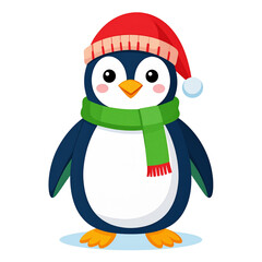Fototapeta premium Cute cartoon penguin and happy snowman wearing a Santa hat and scarf in a fun winter snow illustration