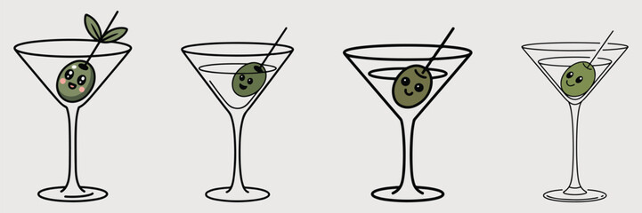 Martini cocktails with funny olives cartoon illustration