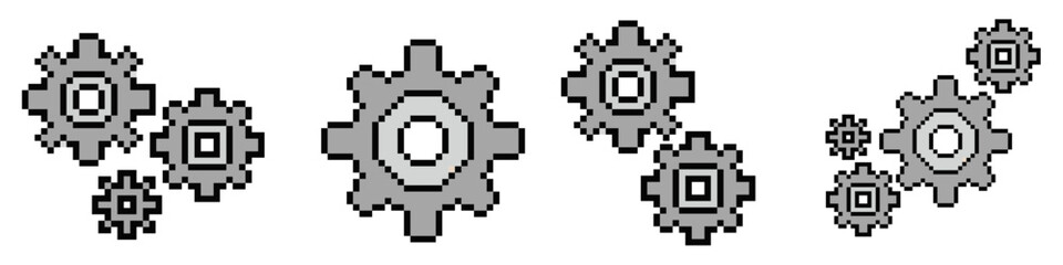 Set Pixel Gear Cog Vector Ideal for gaming interfaces, settings, mechanics, and retro tech graphics in an 8-bit style. Symbolizes simple process, work, settings, and internal mechanics.