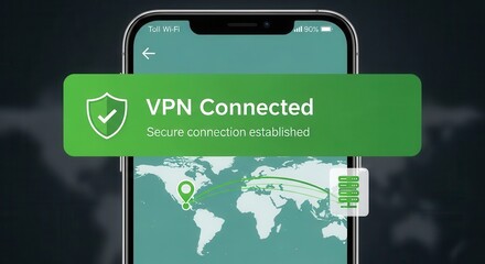 Smartphone application displays successful secure network connection status over world map