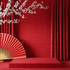 White blossoms over a red fan with deep red pleated curtains and red stage. Lunar New Year Celebration & Oriental Aesthetic
