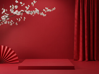 White blossoms over a red fan with deep red pleated curtains and red stage. Lunar New Year Celebration & Oriental Aesthetic