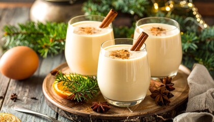 Festive glasses filled with creamy beverage, garnished with cinnamon sticks and nutmeg