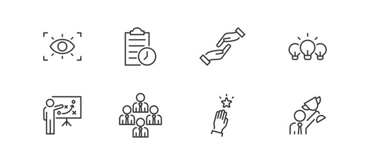 Goal Icon Set containing vision, plan, support, idea, strategy, team, motivation and success vector icons