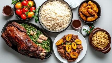 Overhead shot of a festive spread featu a roast meat dish, rice, ripe tomatoes, and various side dishes arranged on a bright, neutral-toned table surface.