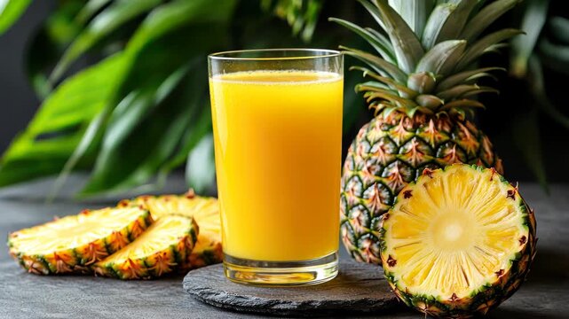 Vibrant image showcasing pineapple and pineapple juice; featuring a glass of juice, slices, and whole fruit