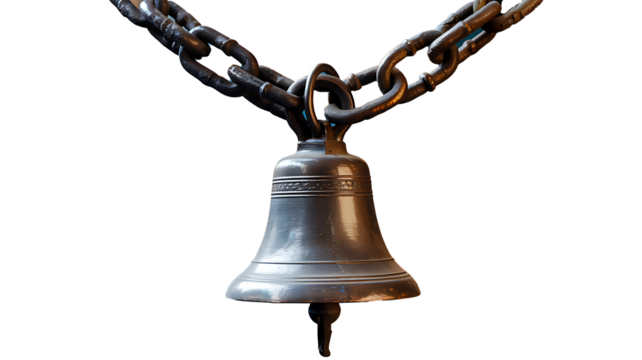 Old metal bell hanging on heavy chain isolated on white background
