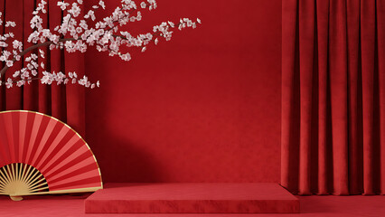 White blossoms over a red fan with deep red pleated curtains and red stage. Lunar New Year Celebration & Oriental Aesthetic