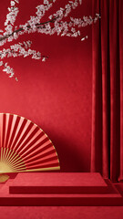 White blossoms over a red fan with deep red pleated curtains and red stage. Lunar New Year Celebration & Oriental Aesthetic