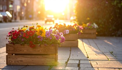 Flower boxes on a city street at sunset.