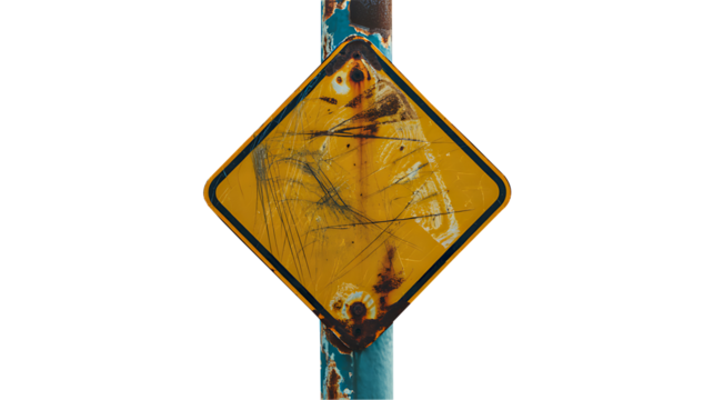 Weathered yellow warning sign on rusty pole isolated on white background
