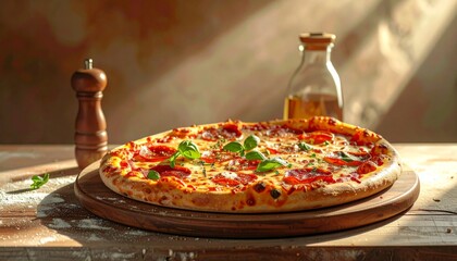 Fresh pizza with basil with pepperoni on wood.