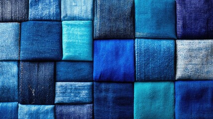 Fototapeta premium Blue denim patchwork design with fabric squares concept. A vibrant collage of various denim fabric textures and colors.