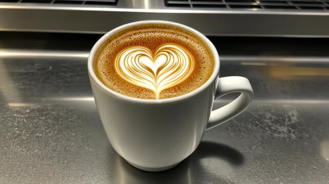 A close-up image showing a mug filled with latte art, a heart design, and a silver background