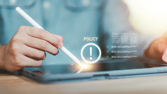 Modern digital policy compliance concept highlighting regulatory standards and cybersecurity awareness for business environments, emphasizing digital transformation and secure data governance.
