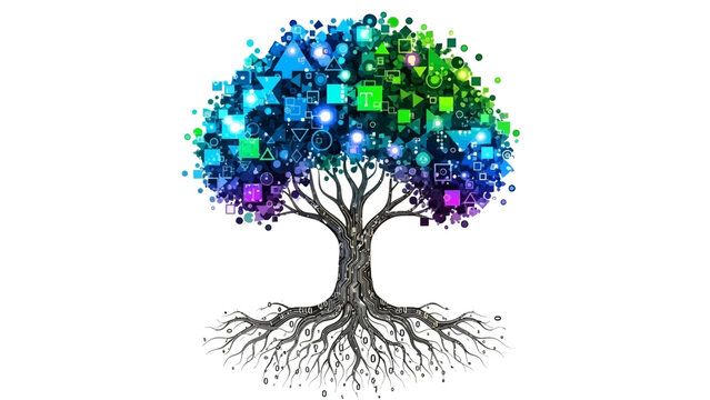 Digital growth concept featuring a vibrant tech tree symbolizing innovation, knowledge, and interconnected systems for business growth and future technologies