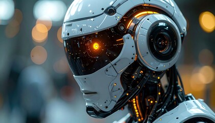 Futuristic robot portrait with glowing eye.